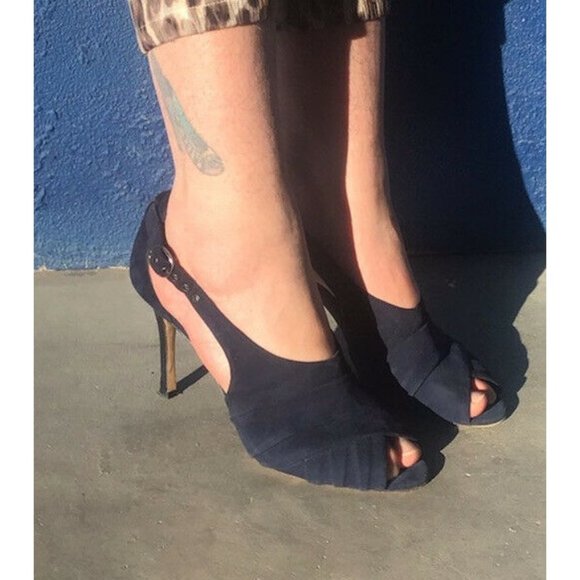 Manolo Blahnik Shoes - Manolo Blahnik 40.5/10B Navy Suede Sling Back Peep Toe Heels